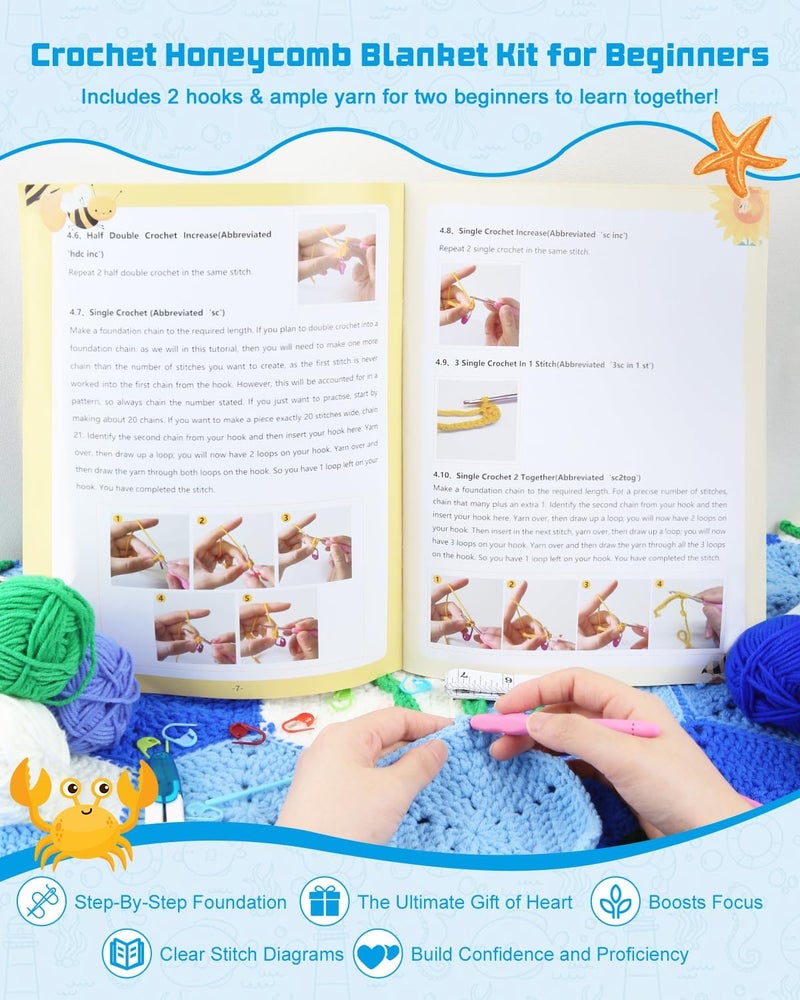 Arborthread Crochet Kit for Beginners, Granny Squares Blanket Knitting Kit w/Step-by-Step Video & Printed Guides for Adults, Kid-Friendly Patterns - Image 2